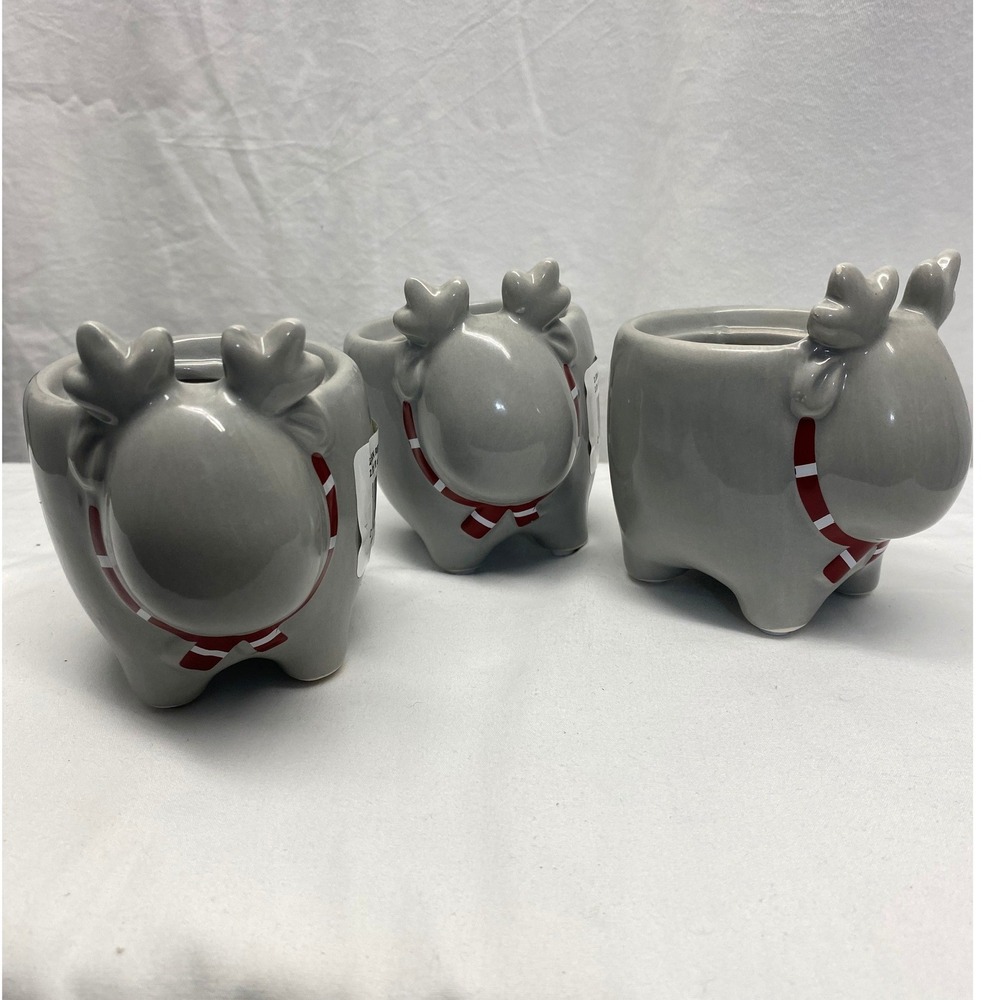 Unbranded Reindeer Planter Set 3 OS Gray Holiday Scarf Ceramic Pots